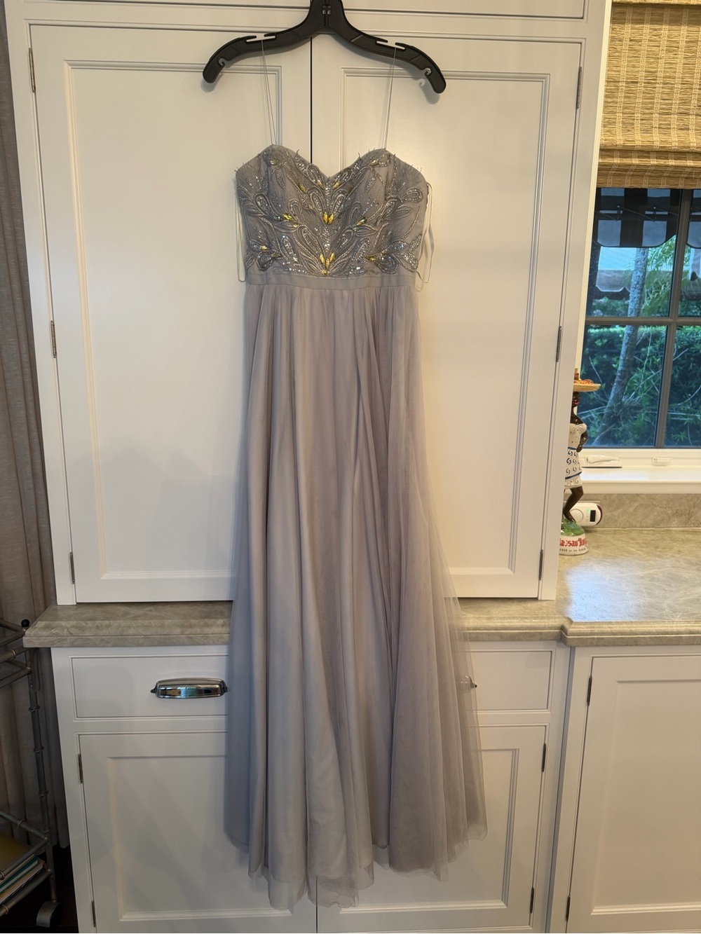 Aidan Mattox Strapless Beaded Evening Gown in Light Gray
